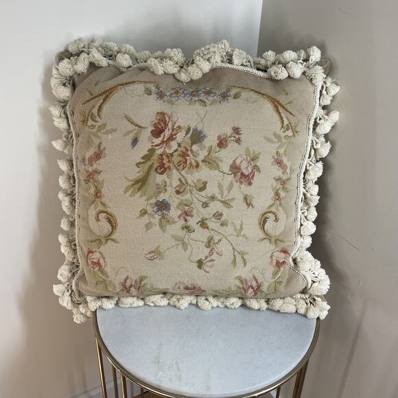 Qty. 3 Petit Point Needlepoint Wool Pillows 20” Sq & 12x14 French Abusson Style - Picture 5 of 16